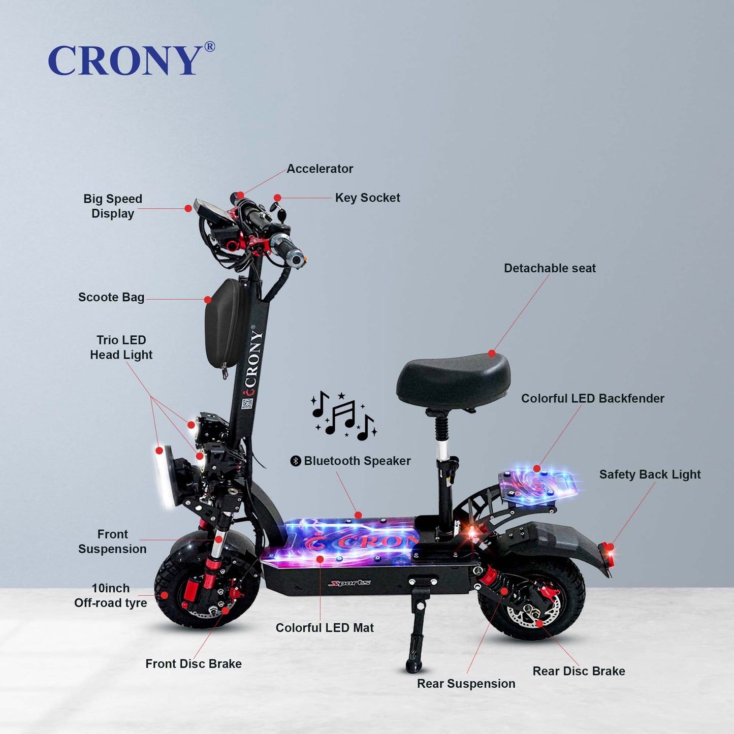كروني DK-11 LED دراجة سكوتر كهربائية بعجلات عريضة 11 بوصة عالية التكوين E-Scoot
