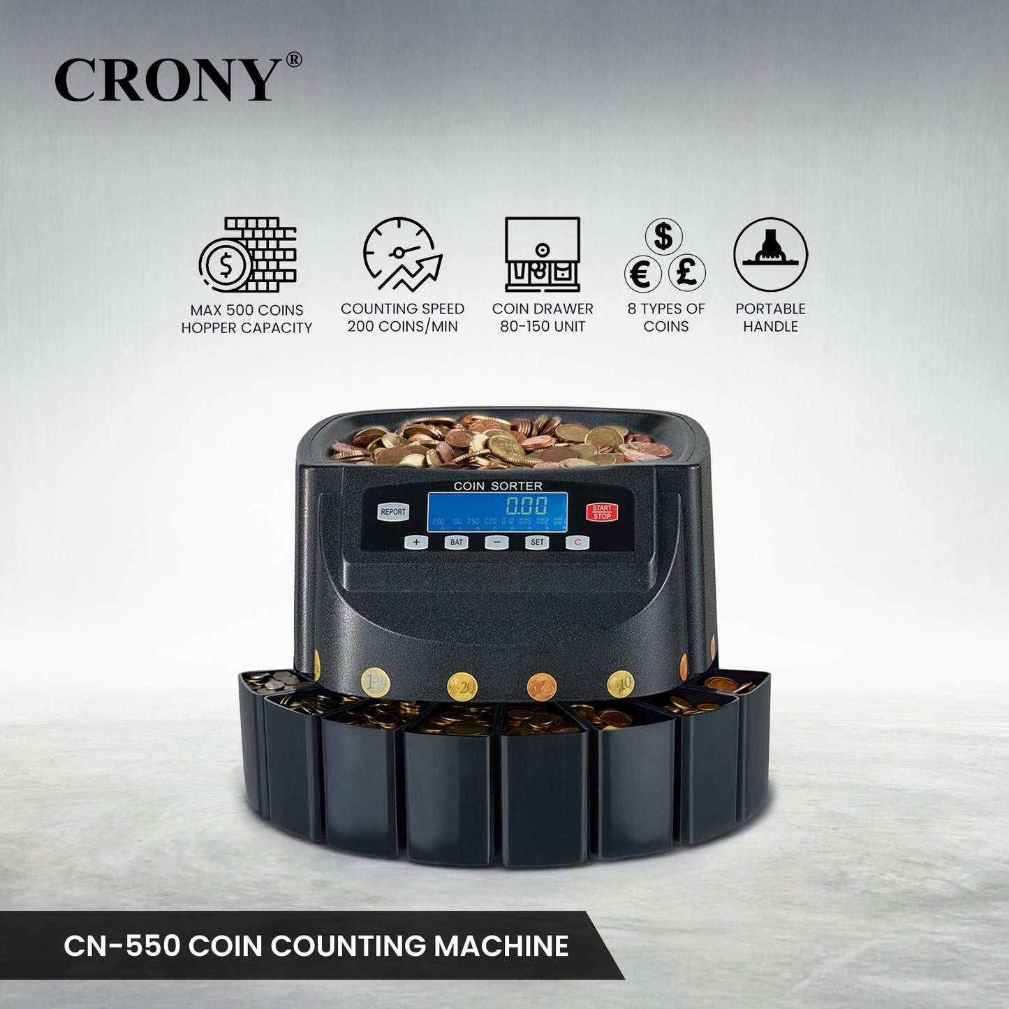 جهاز التحقق من الأوراق النقدية CRONY CN-550 جهاز عد النقود شاشة LCD جهاز فرز العملات جهاز تصدير عد النقود عداد النقود