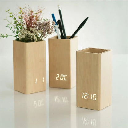 CRONY  2020 flower arranging clock wooden digital temperature pen holder alarm clock for gift