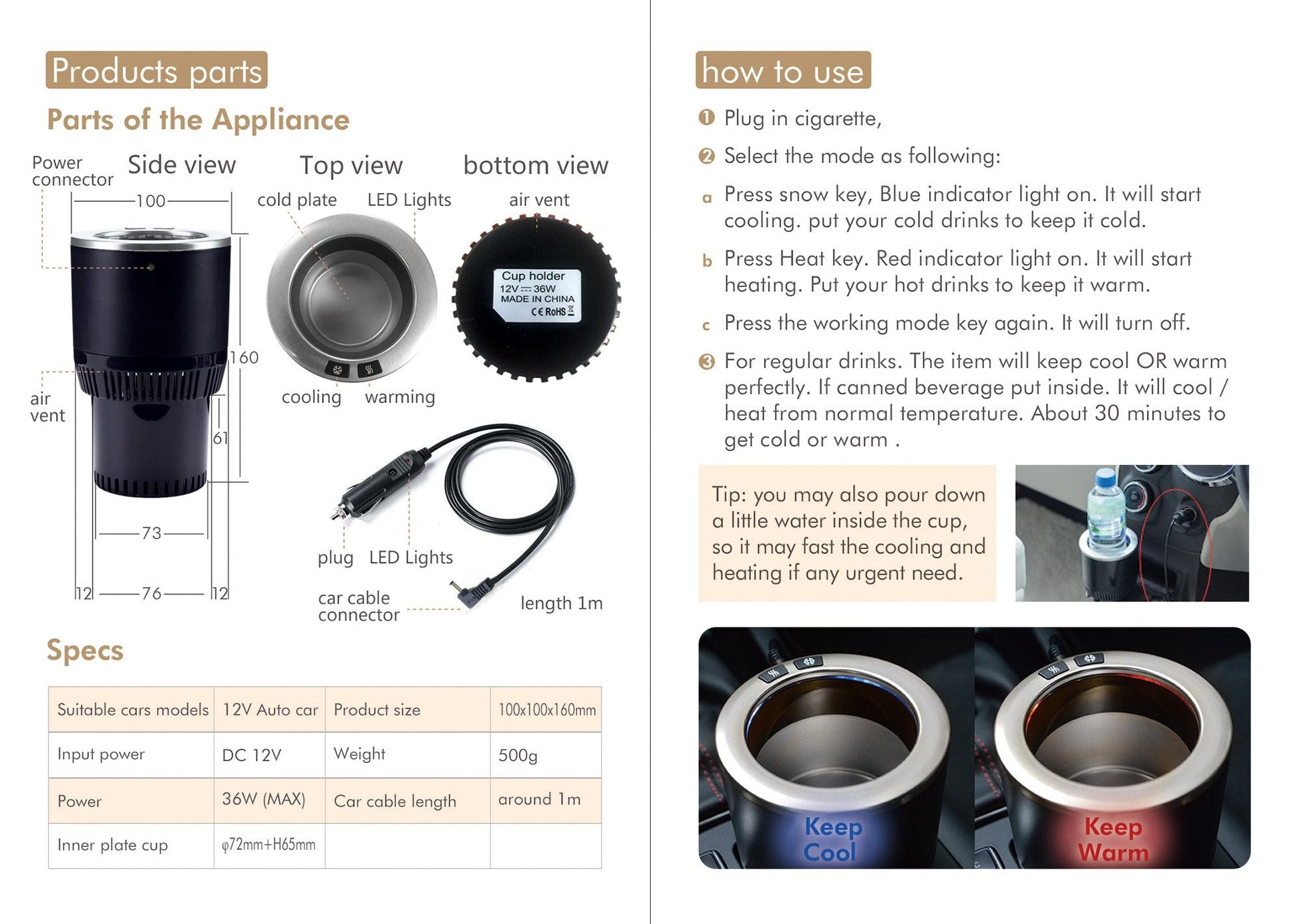 CRONY PT-C301 BG Vehicle Heat and Cold Car cup holder cooling & warming auto cup | Silver - Edragonmall.com