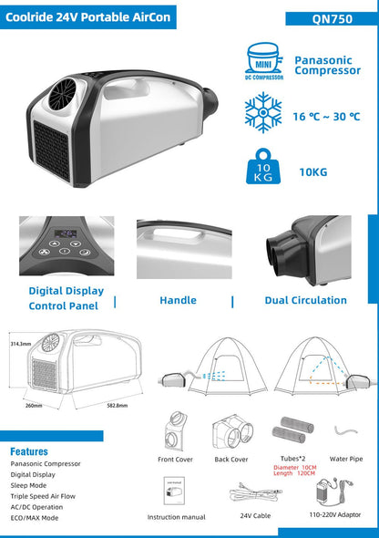 CRONY QN750 Tent air conditioning Portable Air Conditioners Home AC Cooling Unit 24V DC100-240V AC 3 Fan Speeds - Edragonmall.com