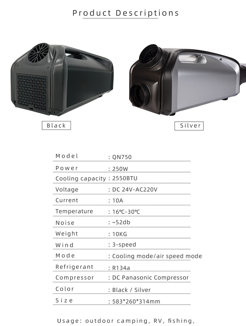 CRONY QN750 Tent air conditioning Portable Air Conditioners Home AC Cooling Unit 24V DC100-240V AC 3 Fan Speeds - Edragonmall.com