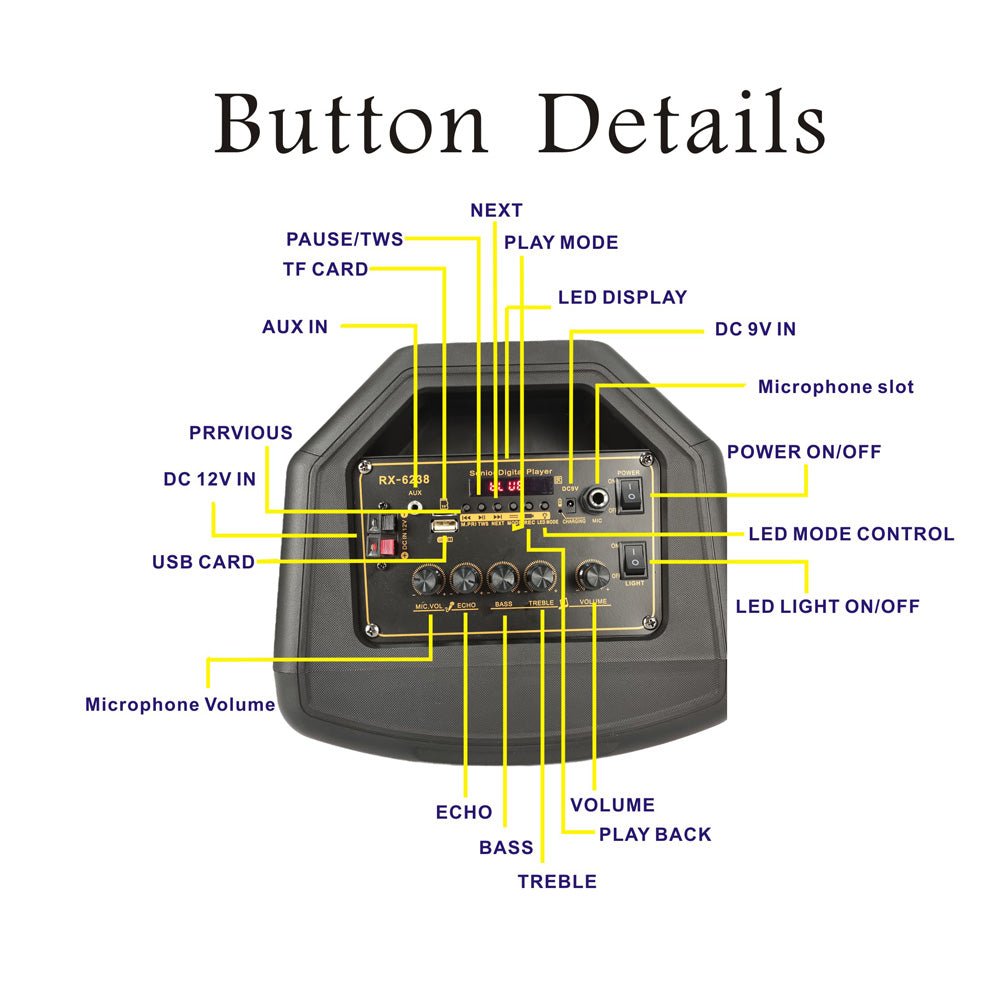 CRONY RX-6238 big power disco light loud speaker wireless with bass echo treble rechargeable battery karaoke speaker - Edragonmall.com
