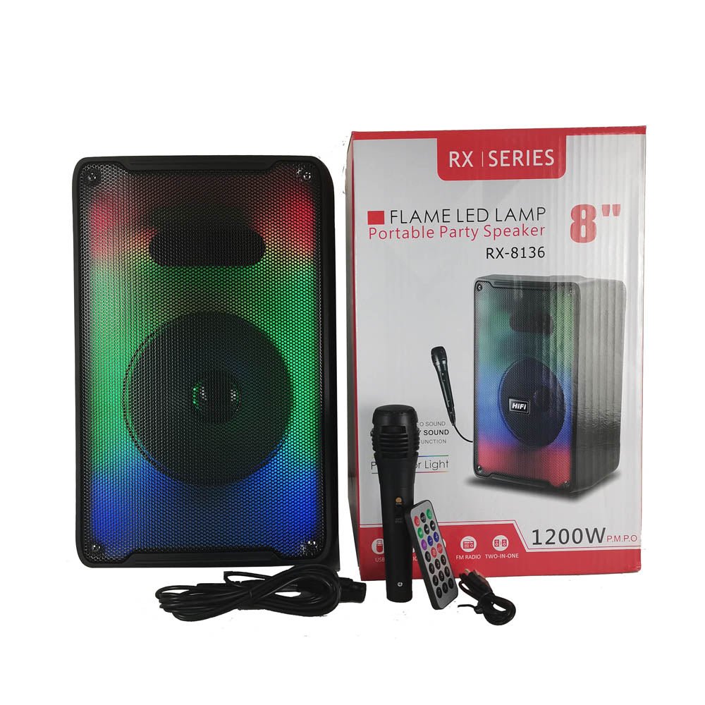 CRONY RX-8136 Speaker 8 inch flame fire running colorful light portable party speaker for out door use with wired microphone karaoke - Edragonmall.com