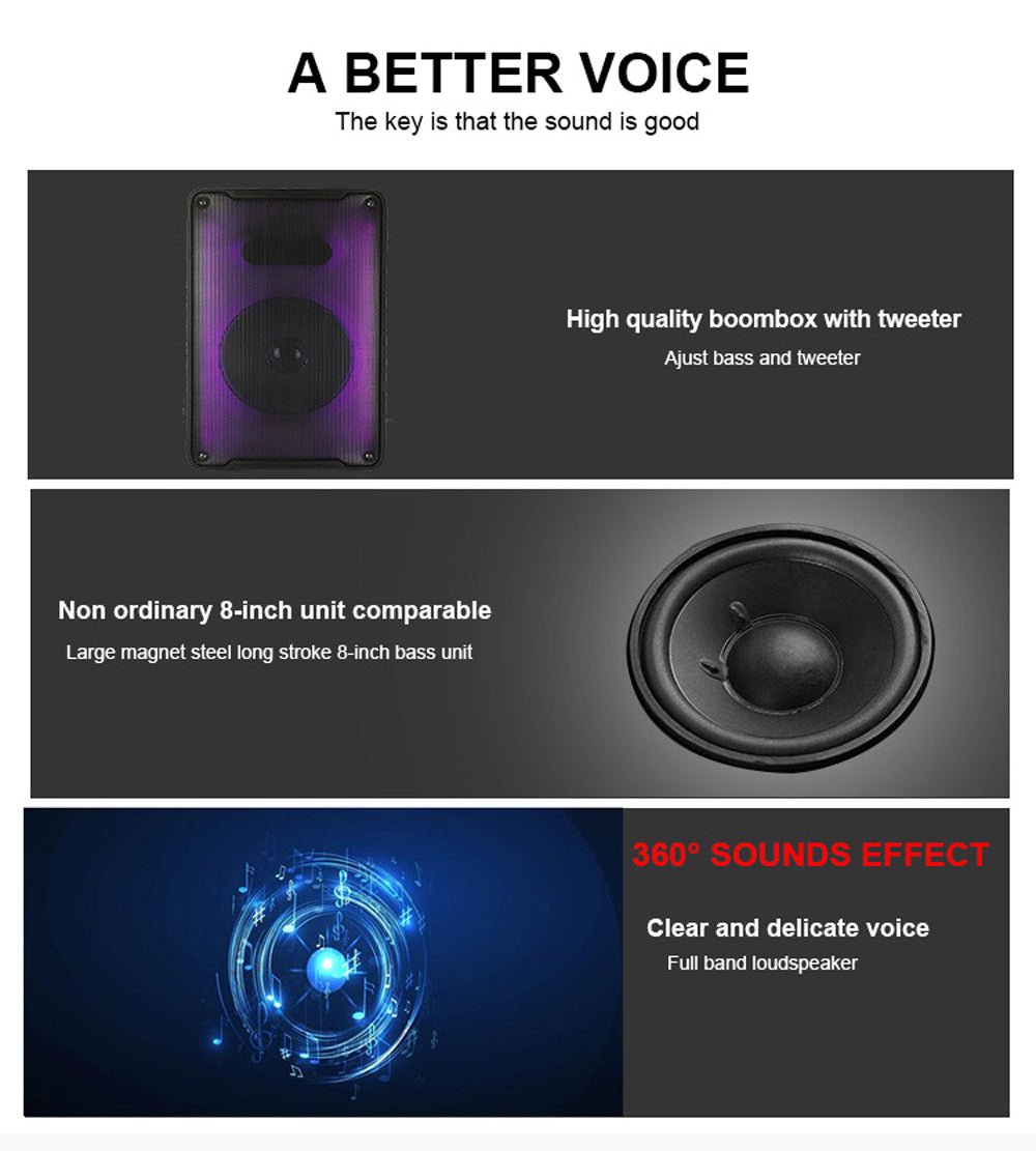 CRONY RX-8136 Speaker 8 inch flame fire running colorful light portable party speaker for out door use with wired microphone karaoke - Edragonmall.com