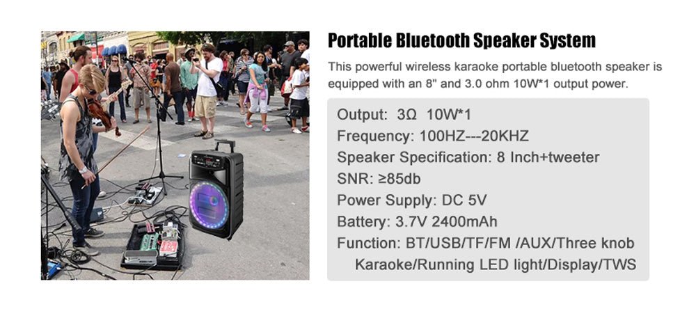 CRONY RX-8148 Speaker 8 Inch Portable Bluetooth Karaoke Wireless Trolley Speaker System With Battery - Edragonmall.com