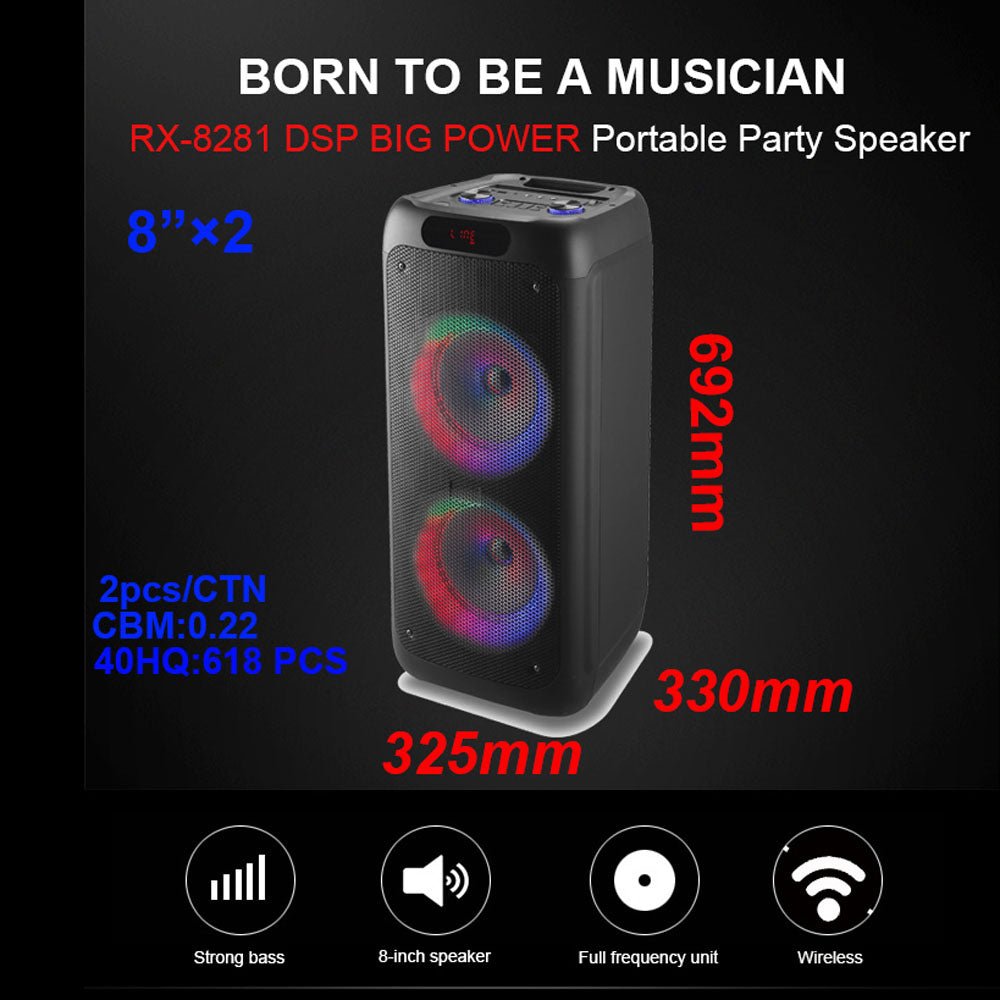 CRONY RX-8281 Speaker 8 inch 60W big power DSP effect running LED light portable party speaker - Edragonmall.com