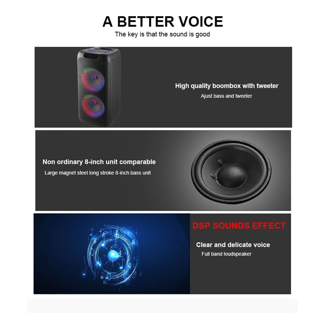 CRONY RX-8281 Speaker 8 inch 60W big power DSP effect running LED light portable party speaker - Edragonmall.com