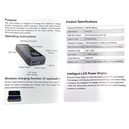CRONY S606 Super Jumper Starter 12V Auto Car Battery Portable Jump Starter Power Station with wireless charging function - Edragonmall.com