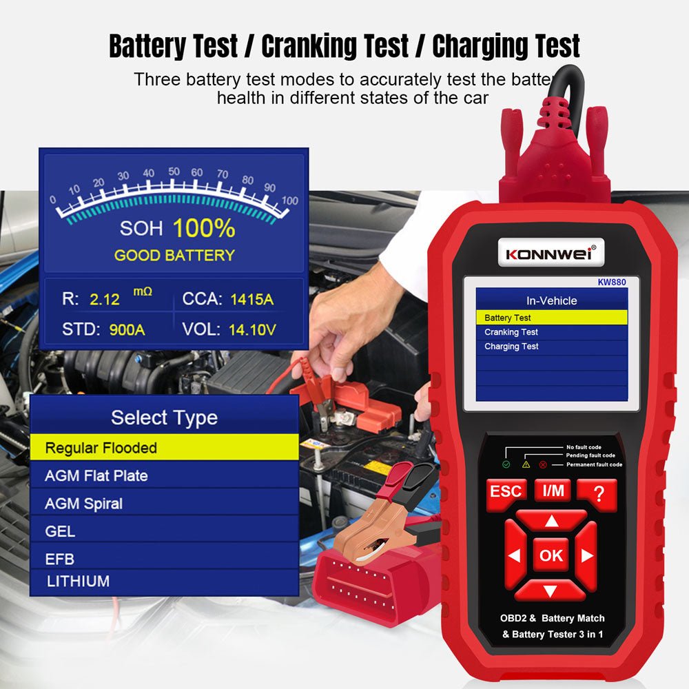 KONNWEI KW880 Battery Tester Car OBDII Battery Match Reset Tool OBDII Diagnostic Fault Scanner For 6V-12V Auto Motorcycle - Edragonmall.com