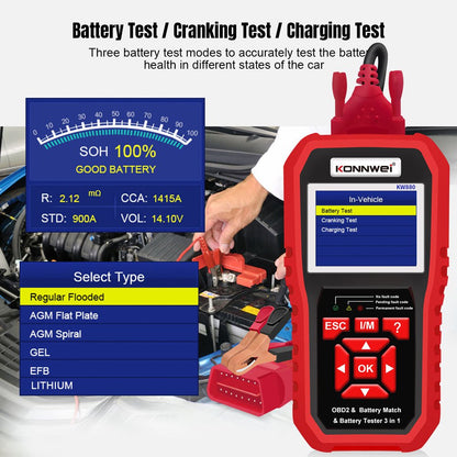 KONNWEI KW880 Battery Tester Car OBDII Battery Match Reset Tool OBDII Diagnostic Fault Scanner For 6V-12V Auto Motorcycle - Edragonmall.com