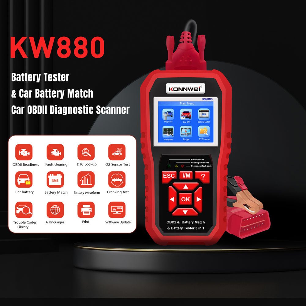 KONNWEI KW880 Battery Tester Car OBDII Battery Match Reset Tool OBDII Diagnostic Fault Scanner For 6V-12V Auto Motorcycle - Edragonmall.com