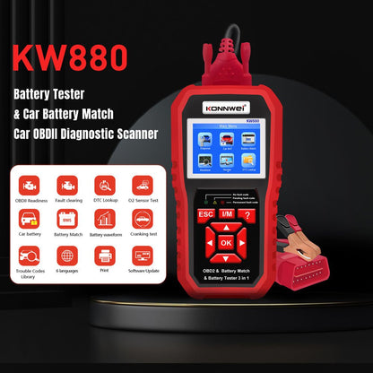 KONNWEI KW880 Battery Tester Car OBDII Battery Match Reset Tool OBDII Diagnostic Fault Scanner For 6V-12V Auto Motorcycle - Edragonmall.com