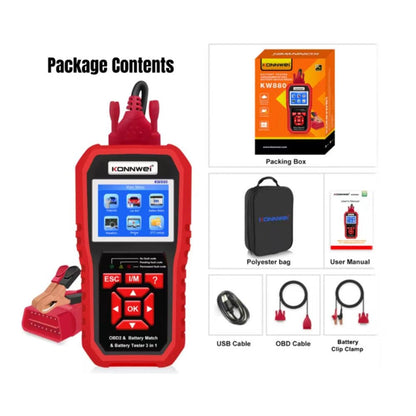 KONNWEI KW880 Battery Tester Car OBDII Battery Match Reset Tool OBDII Diagnostic Fault Scanner For 6V-12V Auto Motorcycle - Edragonmall.com