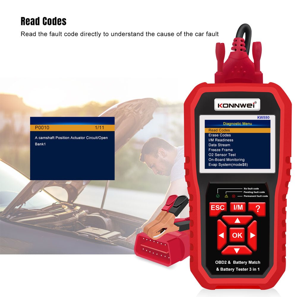 KONNWEI KW880 Battery Tester Car OBDII Battery Match Reset Tool OBDII Diagnostic Fault Scanner For 6V-12V Auto Motorcycle - Edragonmall.com