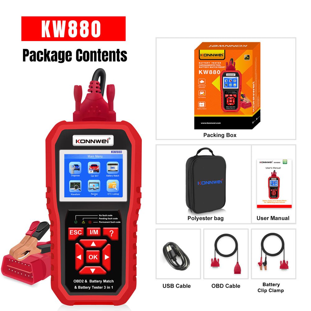 KONNWEI KW880 Battery Tester Car OBDII Battery Match Reset Tool OBDII Diagnostic Fault Scanner For 6V-12V Auto Motorcycle - Edragonmall.com