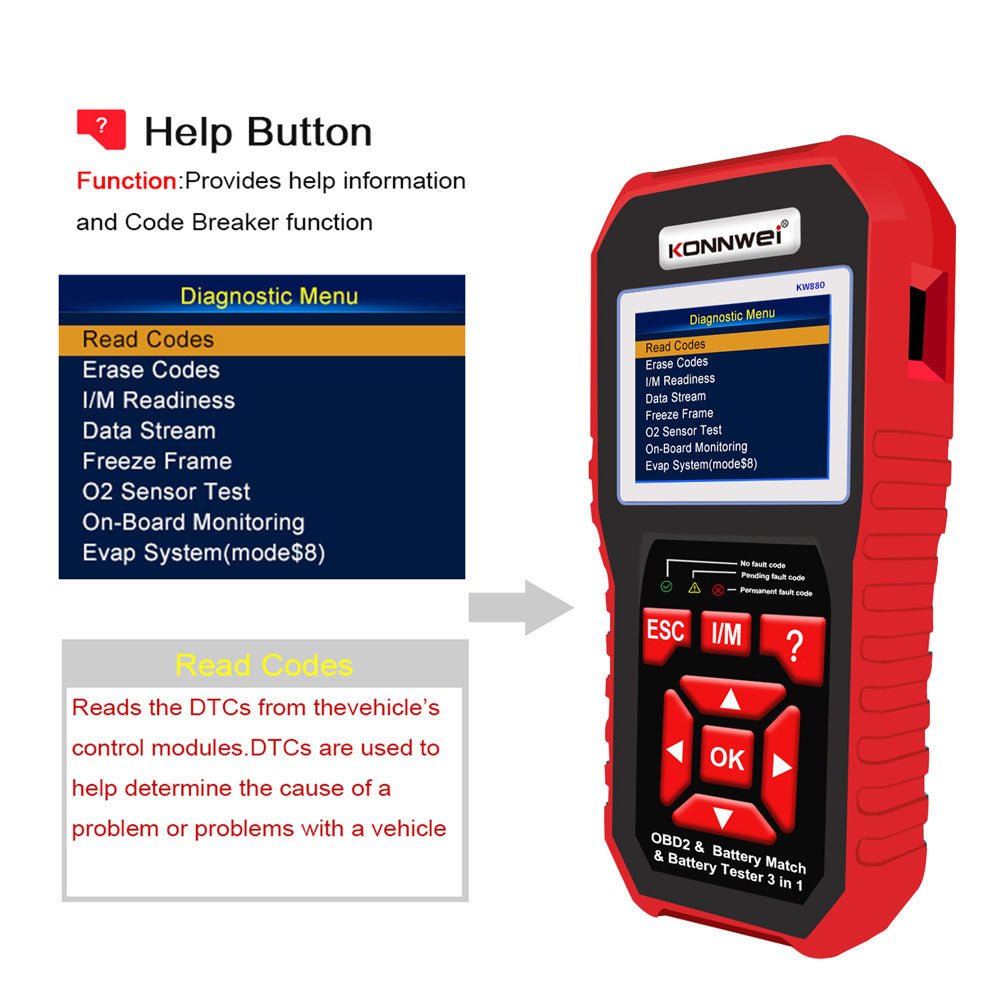 KONNWEI KW880 Battery Tester Car OBDII Battery Match Reset Tool OBDII Diagnostic Fault Scanner For 6V-12V Auto Motorcycle - Edragonmall.com