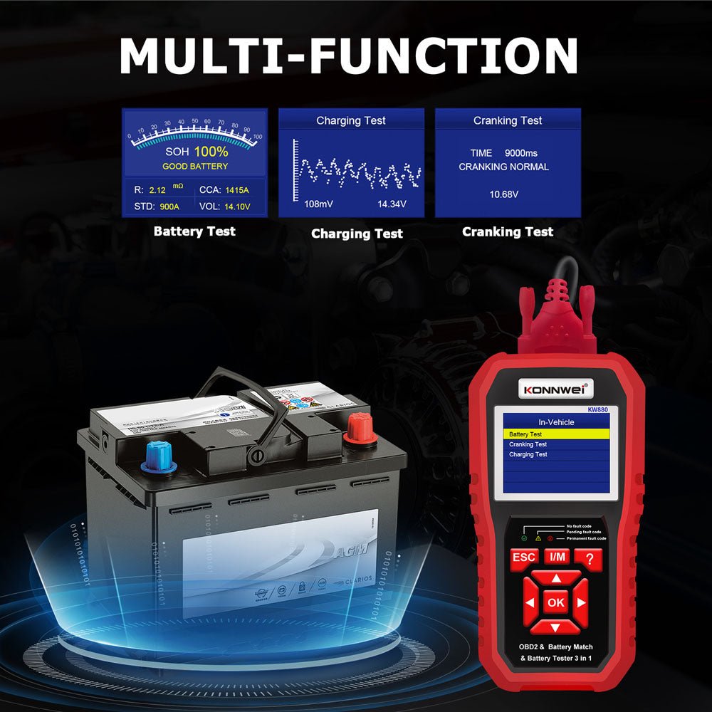 KONNWEI KW880 Battery Tester Car OBDII Battery Match Reset Tool OBDII Diagnostic Fault Scanner For 6V-12V Auto Motorcycle - Edragonmall.com