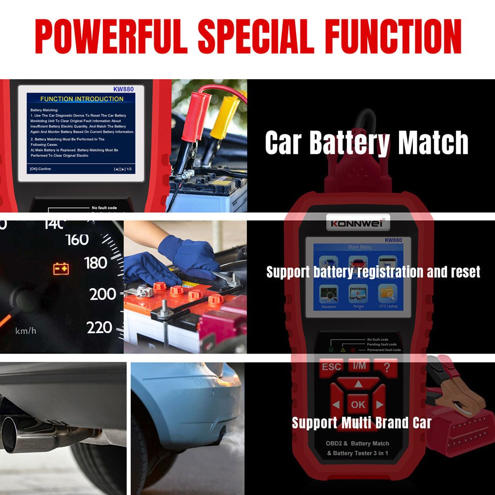 KONNWEI KW880 Battery Tester Car OBDII Battery Match Reset Tool OBDII Diagnostic Fault Scanner For 6V-12V Auto Motorcycle - Edragonmall.com