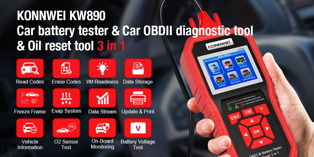 KONNWEI KW890 Battery Tester Car OBDII Oil Service Light Reset Tool OBD2 Scanner Car Professional Automotive Code Reader Diagnose Tool - Edragonmall.com