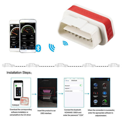 Konnwei KW901 OBD2 Car Bluetooth 3.0 Scanner ELM327 Car Diagnostic Tool - RED-2 - Edragonmall.com