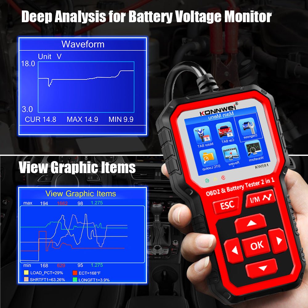 KW681 Car & Motorcycle Battery Tester OBDII Diagnostic Scann - Edragonmall.com