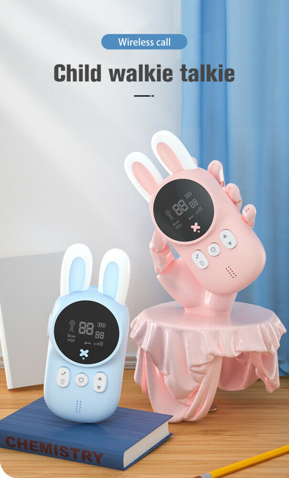 Rabbit Kids 0.5W walkie-talkie Walkie Talkies for Kids Bunny Pattern 22 Channels 3KM Range 2 Way Radio VOX Children with Backlit Flashlight 2 pcs - Edragonmall.com