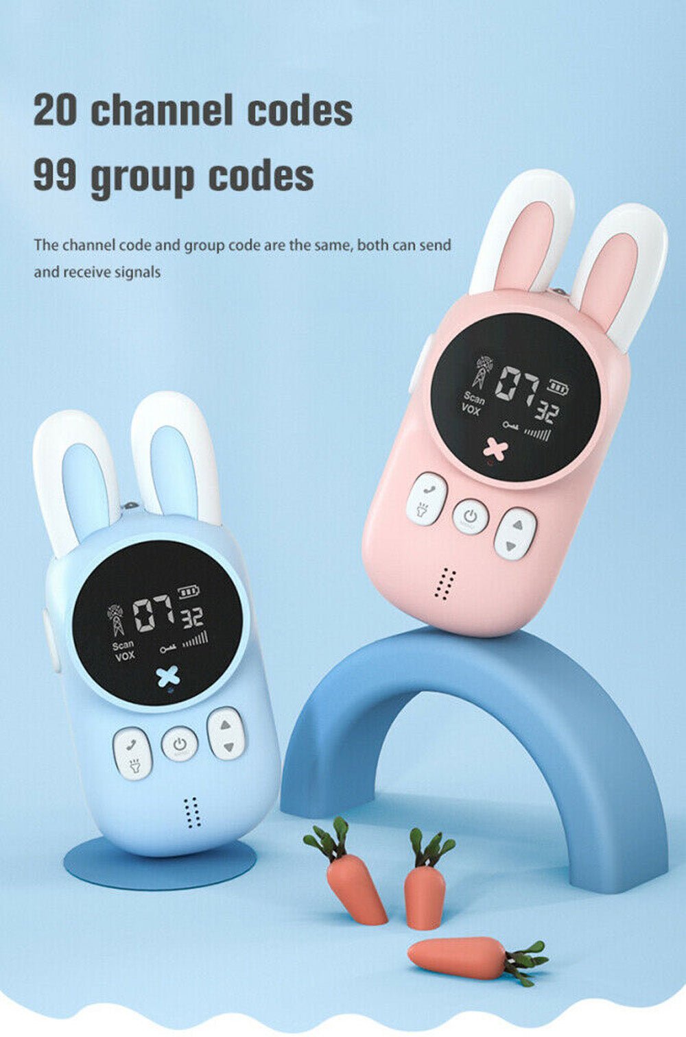 Rabbit Kids 0.5W walkie-talkie Walkie Talkies for Kids Bunny Pattern 22 Channels 3KM Range 2 Way Radio VOX Children with Backlit Flashlight 2 pcs - Edragonmall.com