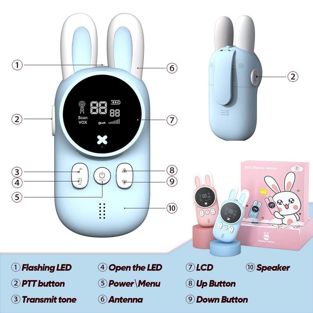 Rabbit Kids 0.5W walkie-talkie Walkie Talkies for Kids Bunny Pattern 22 Channels 3KM Range 2 Way Radio VOX Children with Backlit Flashlight 2 pcs - Edragonmall.com
